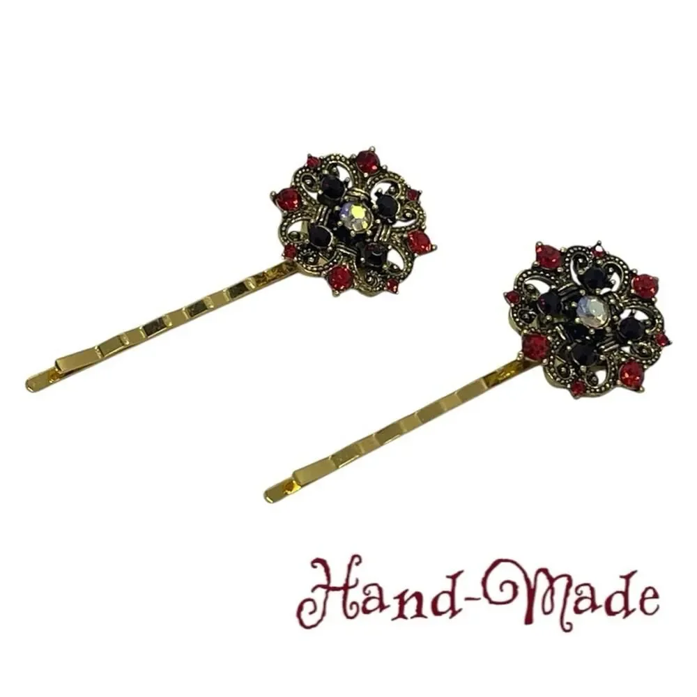 Handmade Red Iridescent Rhinestone Gold Set Hair Clips HoCo Fairy Jewelry NWT